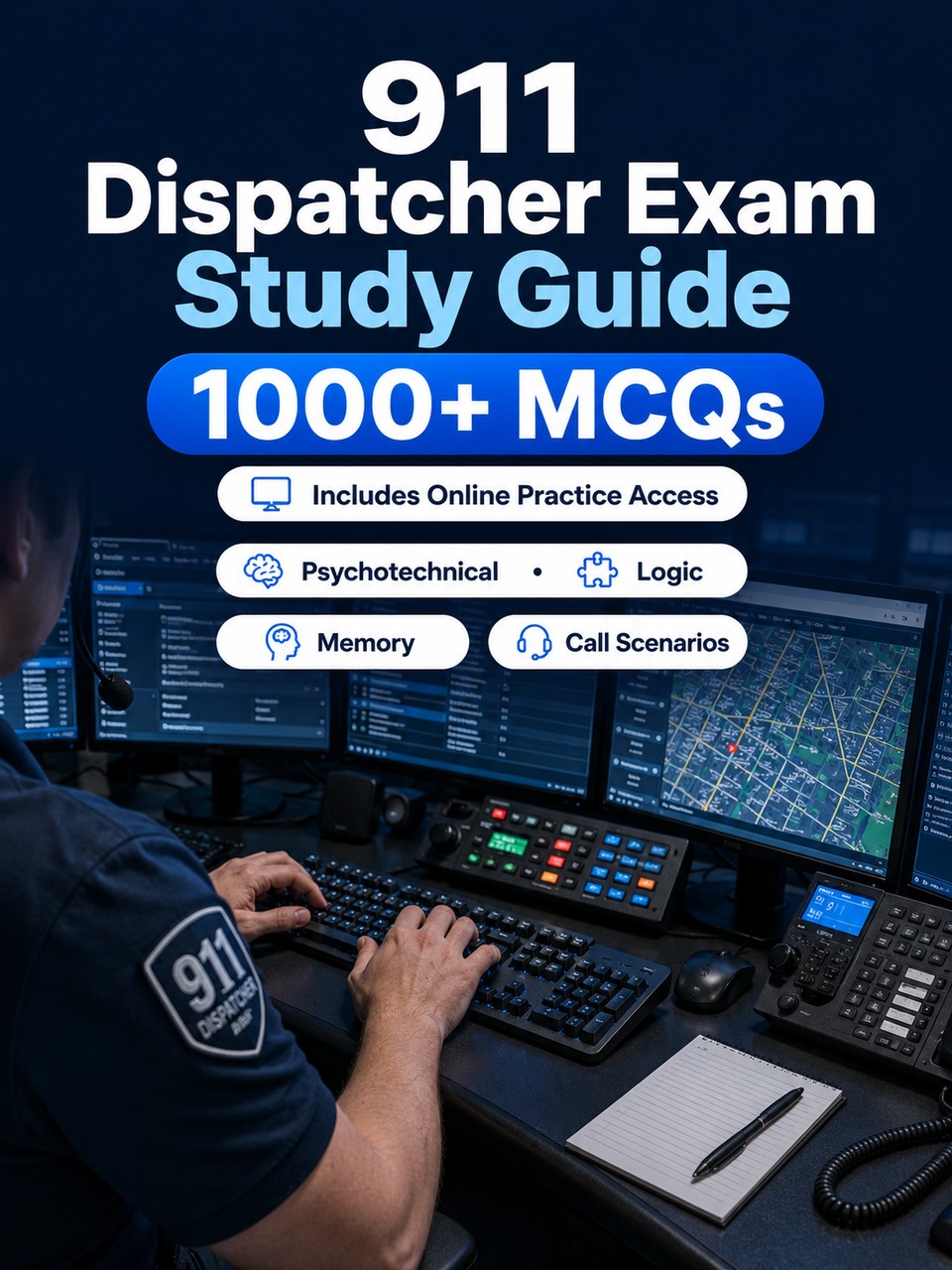 911 Dispatcher Exam Study Guide — 1000 MCQ practice questions for emergency dispatcher exams with multitasking, memory, typing, decision making and call scenarios