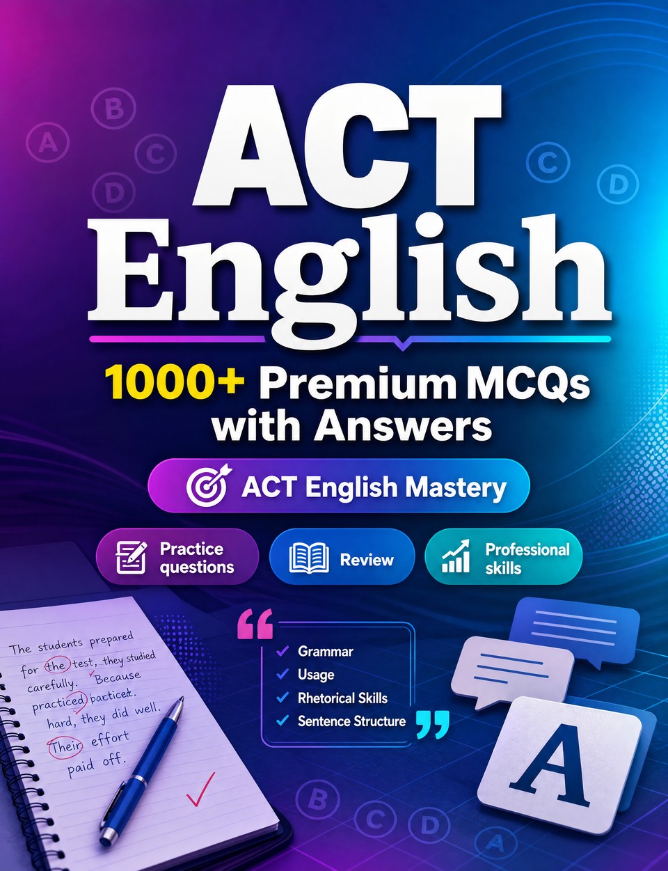 ACT English 2026-2027 : 1000 MCQ with Answers — Study guide: MCQ Practice questions, Review, Professional skills, Case studies, Mock exams  and full-length practice to pass