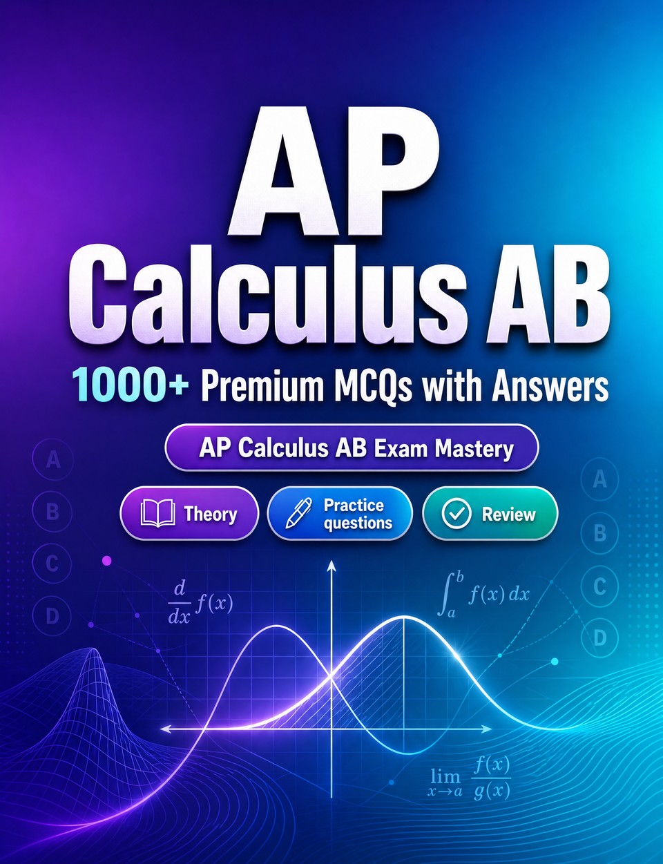 AP Calculus AB 2026-2027 : 1000 MCQ with Answers — Study guide: MCQ Theory, Practice questions, Review, Professional skills, Case studies and practice exams to pass finals and earn your degree or diploma