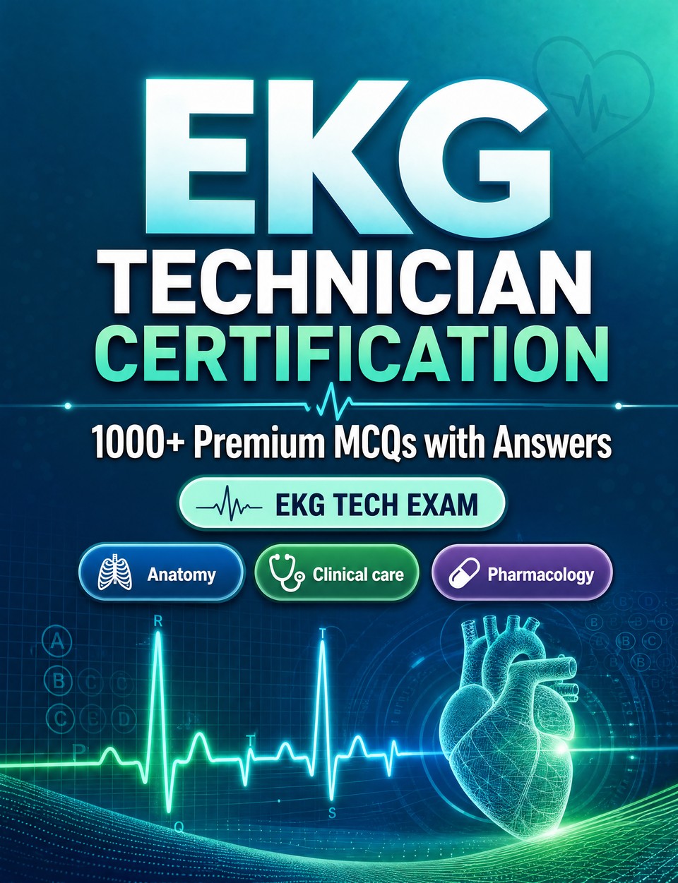 EKG Technician Certification 2026-2027 : 1000 MCQ with Answers — Exam prep: MCQ Anatomy, Clinical care, Pharmacology, Patient safety, Emergency care  and full-length practice to pass