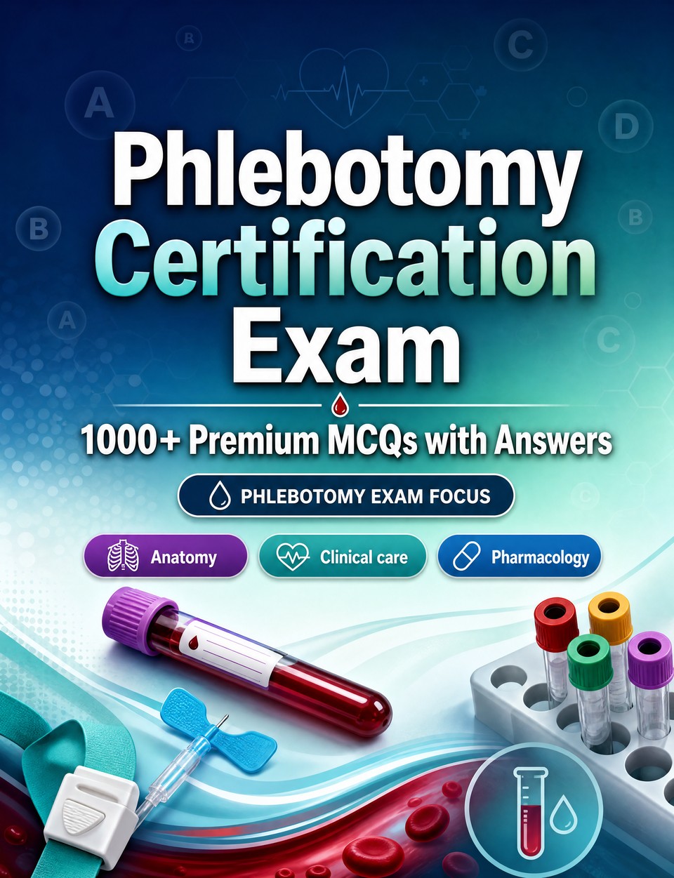Phlebotomy Certification Exam 2026-2027 : 1000 MCQ with Answers — Exam prep: MCQ Anatomy, Clinical care, Pharmacology, Patient safety, Emergency care  and full-length practice to pass
