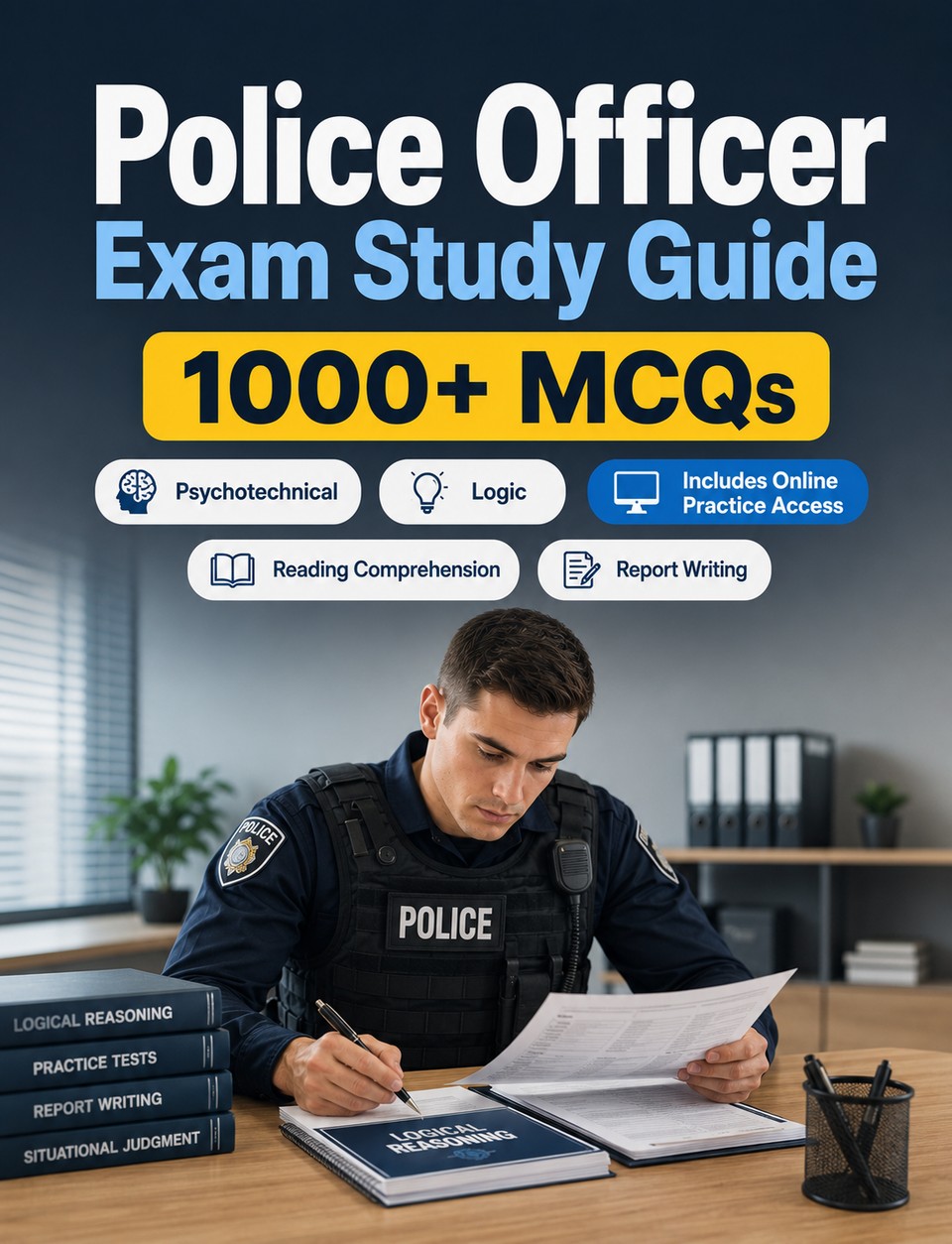 Police Officer Exam Study Guide — 1000 MCQ practice questions for police recruitment exams with reading comprehension, report writing, situational judgment and reasoning